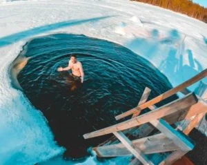 Bathing in the river in Kuusamo in Lapland Finland