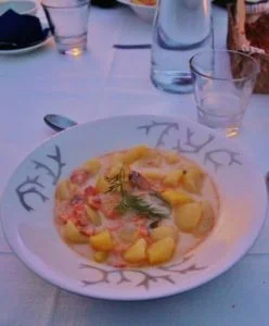Salmon soup in Lapland of Finland
