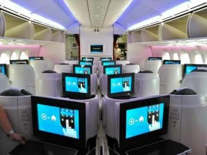 Interior of a Qatar Airways plane